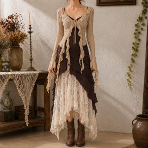 Layered Boho Dress, Romantic Lace Dress for Women, Fairycore Long Sleeve Dress, Cottagecore Festival Outfit-Dresses