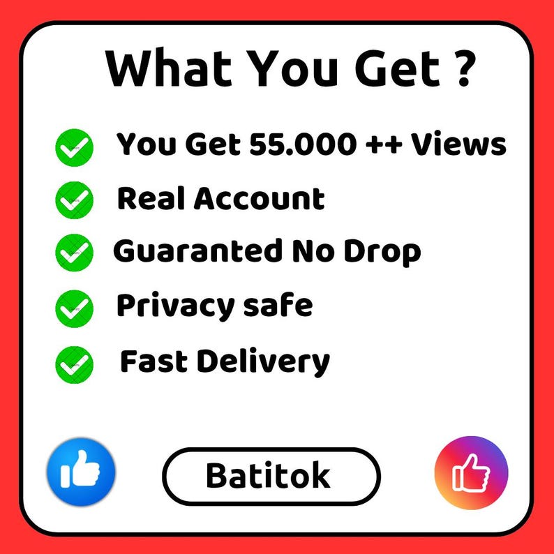May include: A graphic with the text "What You Get?" and a list of features including "55.000 ++ Views", "Real Account", "Guaranteed No Drop", "Privacy safe", and "Fast Delivery". The image also includes a "Batitok" logo and social media icons.