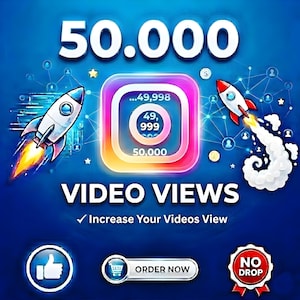 Könnte beinhalten: Digitalgrafik mit dem Text "50.000 VIDEO VIEWS" und einer startenden Rakete. Das Bild enthält ein Instagram-Logo mit Zahlen, die Aufrufe anzeigen, und den Satz "Increase Your Videos View."