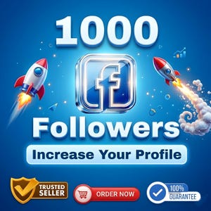 Puede incluir: Gráfico digital sobre un fondo azul que promociona seguidores de Facebook. La imagen presenta el número "1000" encima de un logotipo plateado de Facebook. Se representan dos cohetes, junto con las palabras "Followers" e "Increase Your Profile."