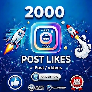 May include: A digital graphic with the number "2000" at the top. The image features an Instagram logo with the numbers 998, 999, 1000, and 98. Text reads "POST LIKES" and "ORDER NOW". Two rockets and other icons are also present.