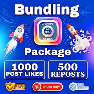 May include: A digital graphic titled Bundling Package featuring a central social media icon with numbers 49,998, 49,999, and 50,000. Two rockets flank the icon. Below are boxes for 1000 POST LIKES and 500 REPOSTS, with a Trusted Seller badge and Order Now button.