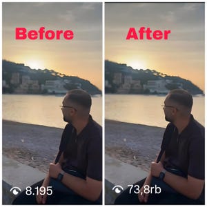 May include: Two side-by-side images with the text "Before" and "After" in red. The images show a person looking at a sunset over the water. The bottom of each image has a number and eye icon.