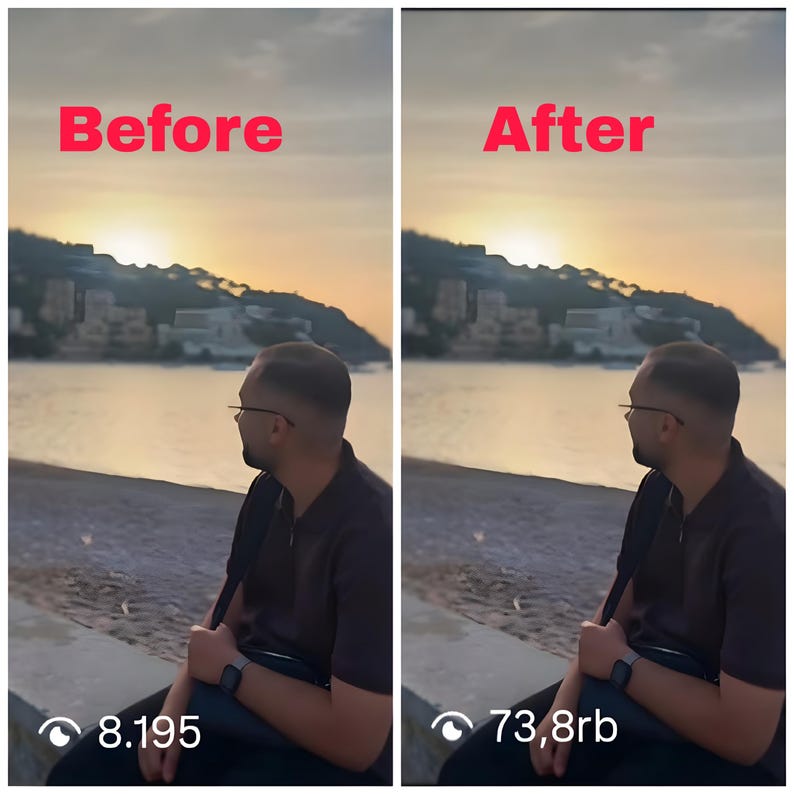 May include: Two side-by-side images with the text "Before" and "After" in red. The images show a person looking at a sunset over the water. The bottom of each image has a number and eye icon.