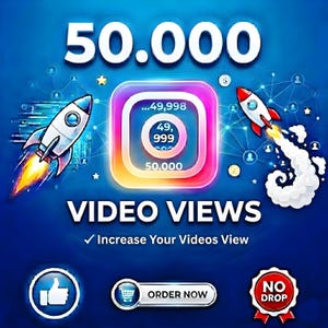 May include: A digital graphic with the text "50.000 VIDEO VIEWS" and a rocket ship launching. The image includes an Instagram logo with numbers indicating views and the phrase "Increase Your Videos View."