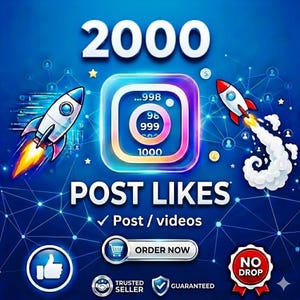 May include: A digital graphic featuring the text 2000 POST LIKES, Post / videos, ORDER NOW, TRUSTED SELLER, GUARANTEED, and NO DROP. The design includes a central square icon, two rockets, a thumbs-up symbol, and a blue network background.