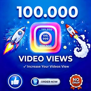 Può includere: Una grafica digitale su sfondo blu con il testo 100.000 VIDEO VIEWS e Increase Your Videos View. Include due razzi, un'icona quadrata centrale con i numeri 199,999, un'icona con pollice in su, un pulsante ORDER NOW e un badge NO DROP.