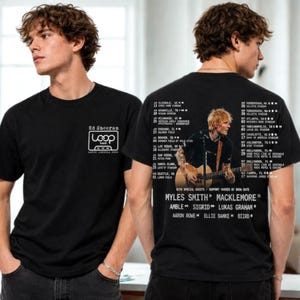 エド・シーラン 2026年北米ループツアーTシャツ、前面・背面コンサートスケジュールとギターカセットのグラフィック