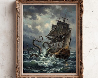 May include: A framed oil painting depicting a large wooden sailing ship navigating turbulent, dark blue ocean waves during a storm. Multiple long, dark tentacles emerge from the water, wrapping around the hull of the vessel under a cloudy sky.