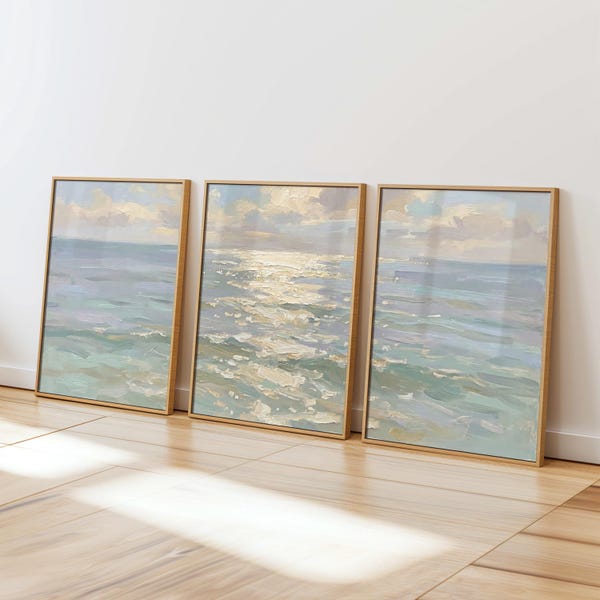 Sun Glitter Ocean Painting - Impressionist Coastal Wall Art - Three Piece Wall Art