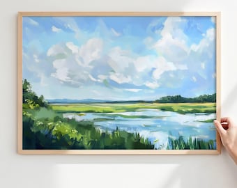 Marsh Landscape Print — Green Meadow River Print — Impressionist Landscape Art