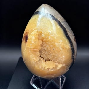 May include: A polished, teardrop-shaped geode with a yellow and brown exterior and a cavity filled with crystalline formations. A dark stripe runs vertically along one side. The geode sits on a clear, geometric display stand.
