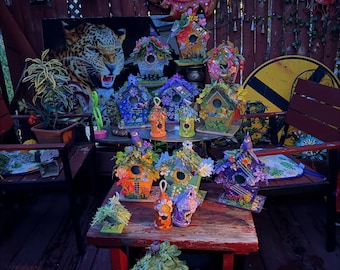 Custom bird house for decorative uses indoor or covered outdoor spaces