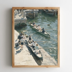 May include: An oil painting depicting two narrow rowing boats on green water. One boat is docked at a stone pier where several figures in light shirts and dark shorts stand. The second boat is occupied by three figures rowing with wooden oars.