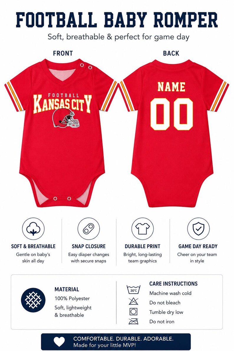 May include: A red baby romper featuring a V-neck, short sleeves with yellow and white stripes, and snap closures. The front displays the text KANSAS CITY FOOTBALL with a helmet graphic. The back shows the text NAME and the number 00 in yellow.
