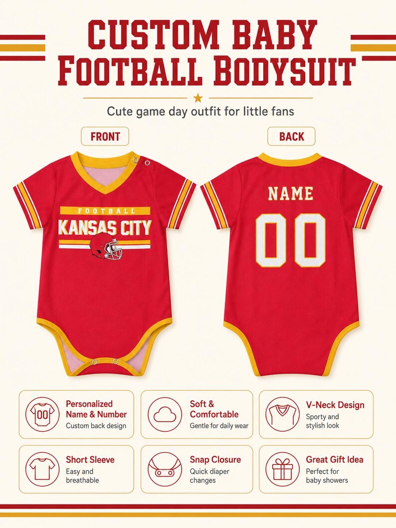 Puede incluir: Un body para beb&eacute; de color rojo con bordes amarillos, cuello en V, mangas cortas y cierres a presi&oacute;n. El frente muestra el texto KANSAS CITY FOOTBALL con un gr&aacute;fico de casco. La parte posterior muestra el texto NAME y el n&uacute;mero 00 en blanco.