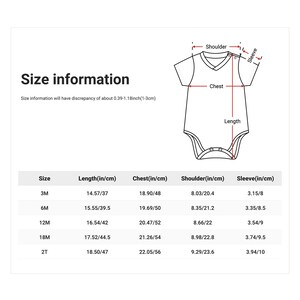 Puede incluir: Una tabla de informaci&oacute;n de tallas para un body de beb&eacute; con un dibujo lineal de la prenda y medidas etiquetadas para hombro, manga, pecho y largo. Una tabla proporciona dimensiones espec&iacute;ficas en pulgadas y cent&iacute;metros para tallas de 3M a 2T.