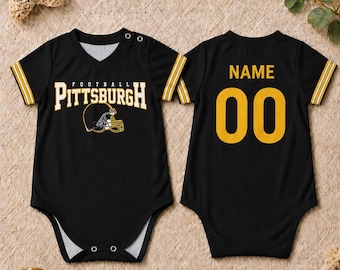 Personalized Baby Football Onesie Pittsburgh, Custom Name Number Baby Jersey Bodysuit, Game Day Baby Outfit, Sports Fan Baby Gift