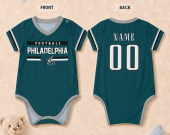 Gepersonaliseerde voetbalromper Philadelphia, aangepast naamnummer babyromper, game Day-babyoutfit, cadeau pasgeboren fan, babycadeau