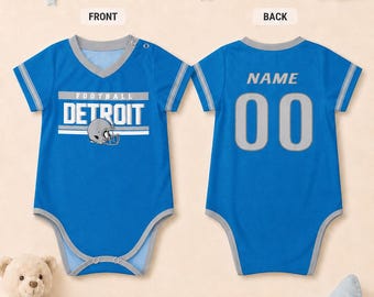 Personalized Baby Football Onesie Detroit, Custom Name Number Baby Bodysuit, Game Day Baby Outfit, Newborn Fan Gift, Baby  Gift
