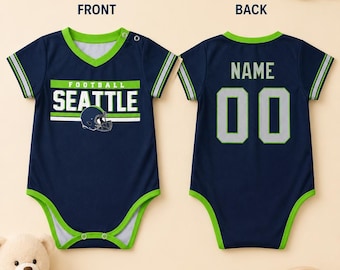 Gepersonaliseerde voetbalromper Seattle, aangepast naamnummer babyromper, babyoutfit Game Day, cadeau pasgeboren fan, babycadeau