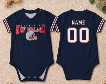 Personalized Baby Football Onesie New England, Custom Name Number Baby Jersey Bodysuit, Game Day Baby Outfit, Sports Fan Baby Gift