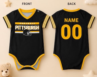 Body de bebé personalizado con diseño de fútbol americano de Pittsburgh, body de bebé con nombre y número personalizados, conjunto para el día del partido, regalo para recién nacidos aficionados, regalo para bebés