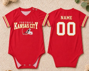 Personalized Baby Football Onesie Kansas City, Custom Name Number Baby Jersey Bodysuit, Game Day Baby Outfit, Sports Fan Baby Gift