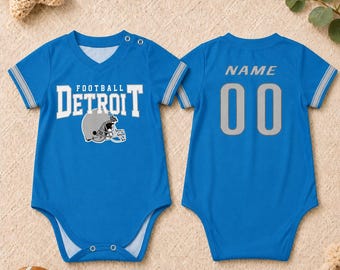 Body de bebé personalizado con diseño de fútbol americano de Detroit, body de bebé con nombre y número personalizados, conjunto para el día del partido, regalo para bebés aficionados a los deportes.
