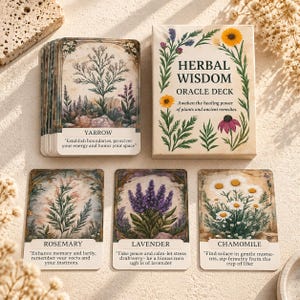 May include: A deck of Herbal Wisdom oracle cards featuring a box with botanical illustrations and the text Herbal Wisdom Oracle Deck. Four individual cards are displayed, showing Yarrow, Rosemary, Lavender, and Chamomile with plant art and text.
