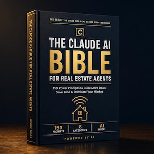 Op de afbeelding: Een zwart hardcover boek met de titel "The Claude AI Bible for Real Estate Agents". De titel en details zijn in goudkleur. Het bevat informatie voor vastgoedprofessionals, met 150 prompts en 8 categorieën.