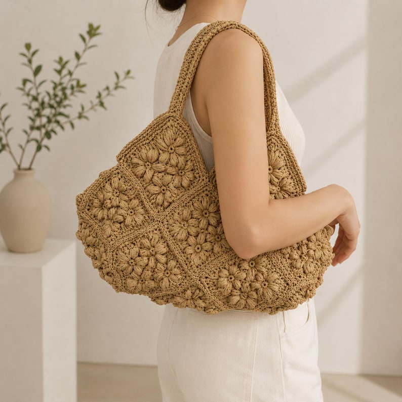May include: A tan crochet shoulder bag constructed from multiple square panels featuring a raised, textured floral pattern. The bag has a wide, integrated strap and is made from a natural-coloured fibre, showcasing intricate stitching and a soft, slouchy shape.