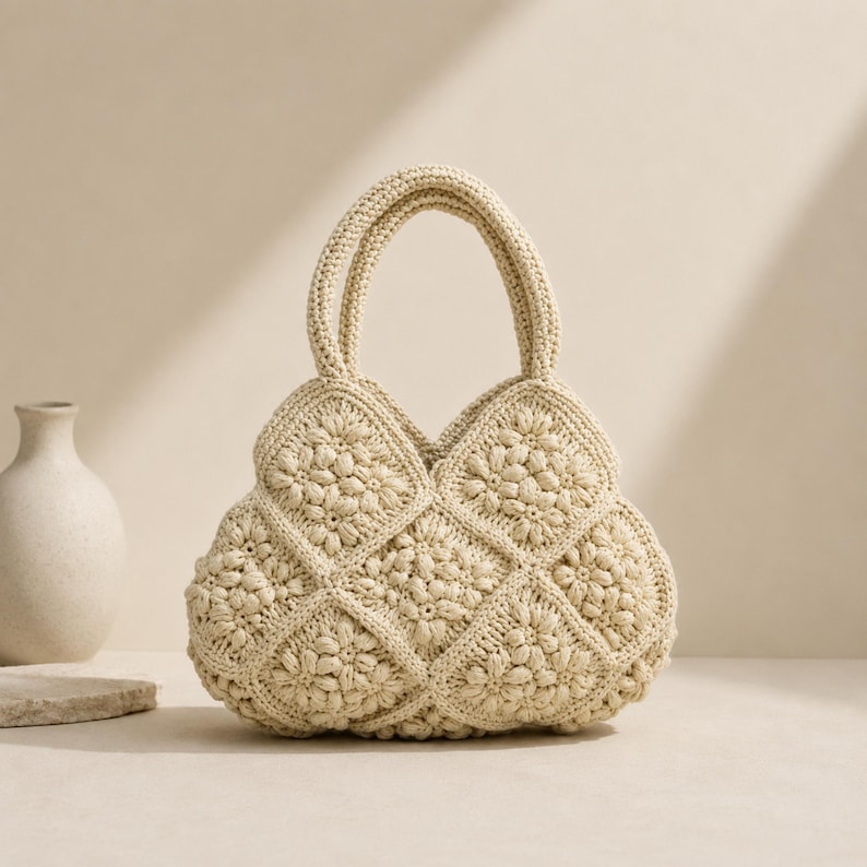 May include: A beige crochet handbag constructed from multiple square motifs featuring a central floral pattern. The bag has two integrated handles and a structured, rounded shape, showcasing a consistent light tan yarn texture throughout the design.
