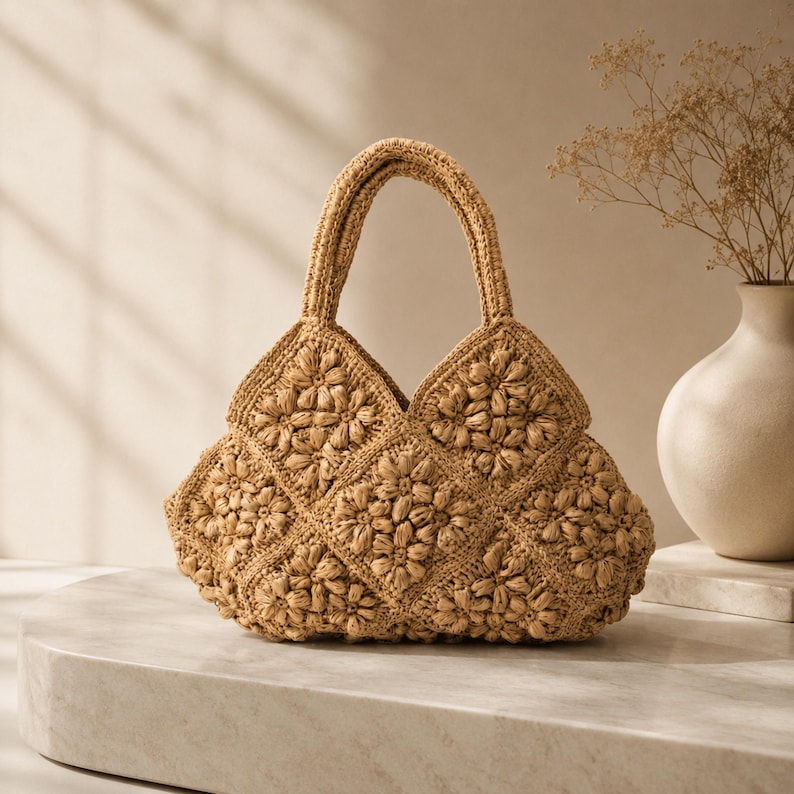 May include: A beige crochet handbag constructed from multiple square motifs featuring a raised floral pattern. The bag has two integrated handles and a structured, diamond-shaped silhouette with a textured, woven appearance throughout the exterior.