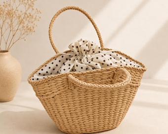 Women Straw Basket Tote Bag, Woven Summer Handbag, Boho Beach Purse, Basket Bags Cottagecore Shoulder Tote, Vacation Travel Bag Gift for Her