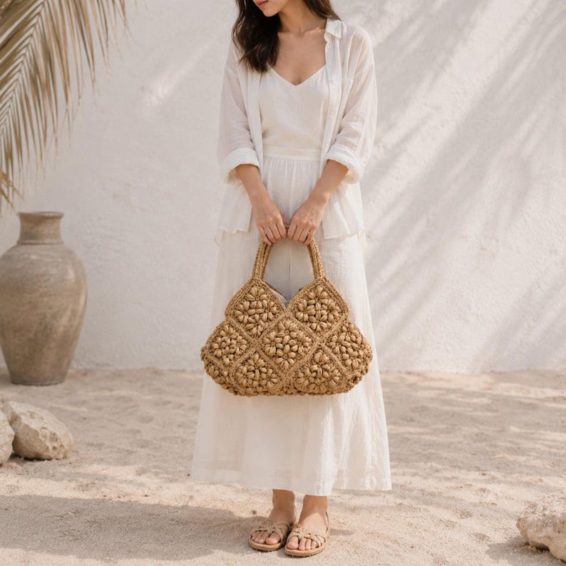 Raffia bag, Straw Bag, Crochet Bag, Woven Tote Large, Embroidered Tote, Tote bag, Beach bag, Crochet pattern, Cottagecore, Gift for Her image 10