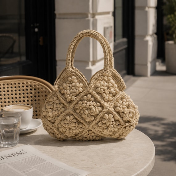 Woven Tote Large, Raffia bag, Straw Bag, Crochet Bag, Embroidered Tote, Tote bag, Beach bag, Crochet pattern, Cottagecore, Gift for Her