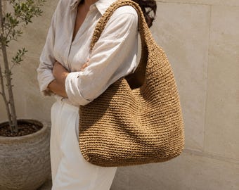 Crochet Raffia Shoulder Bag, Woven Summer Tote, Beach Bachelorette Style