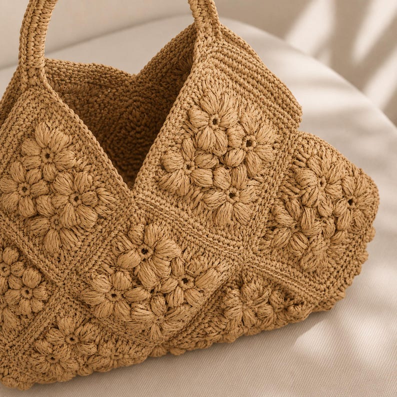 May include: A tan crochet handbag constructed from multiple square panels featuring a raised floral motif. The bag has a wide, open top and a single integrated handle, showcasing a textured, hand-stitched appearance in a uniform light brown colour.