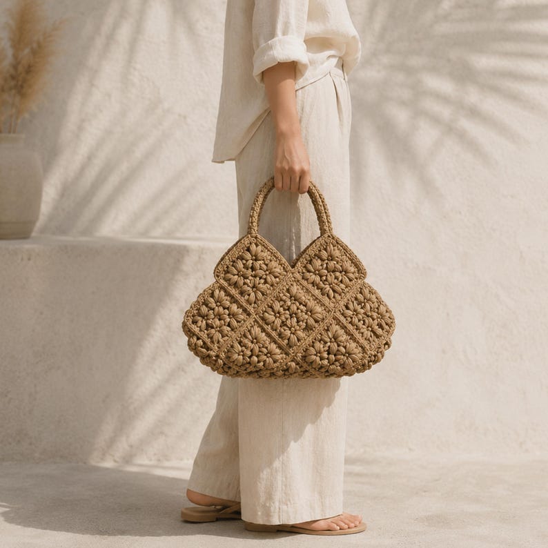 May include: A tan crochet handbag featuring a textured floral pattern made of interconnected square motifs. The bag has two sturdy, rounded handles and a wide, structured base, crafted from a natural-toned fibre with a visible woven construction.