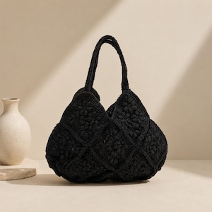 Raffia bag, Straw Bag, Crochet Bag, Woven Tote Large, Embroidered Tote, Tote bag, Beach bag, Crochet pattern, Cottagecore, Gift for Her black