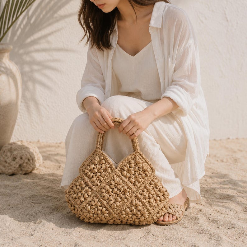 May include: A tan crochet handbag featuring a repeating floral square pattern with a scalloped top edge and two integrated handles. The bag is constructed from a textured, natural-coloured fibre, showcasing a detailed, three-dimensional woven design.