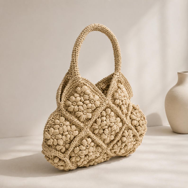 Raffia bag, Straw Bag, Crochet Bag, Woven Tote Large, Embroidered Tote, Tote bag, Beach bag, Crochet pattern, Cottagecore, Gift for Her image 3