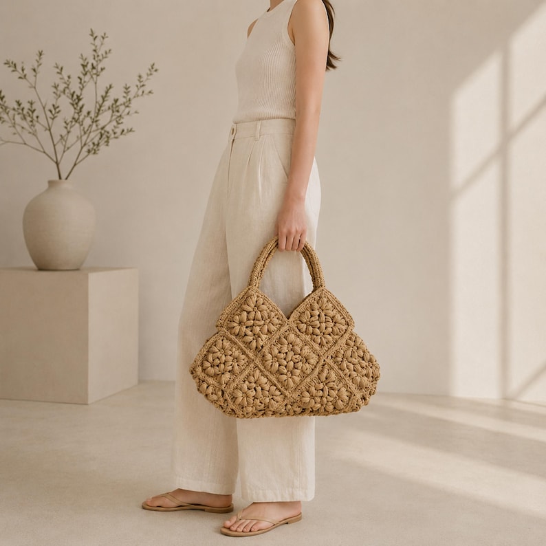Raffia bag, Straw Bag, Crochet Bag, Woven Tote Large, Embroidered Tote, Tote bag, Beach bag, Crochet pattern, Cottagecore, Gift for Her image 9