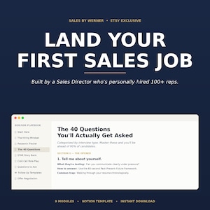 Peut inclure: Graphique bleu marine avec le texte blanc "LAND YOUR FIRST SALES JOB". L'image comprend une liste de questions d'entretien et une description du produit. Le texte "SALES BY WERNER" et "ETSY EXCLUSIVE" sont également visibles.