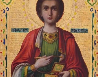 ANTIQUE 19c RUSSIAN ICON of the Panteleimon on gold