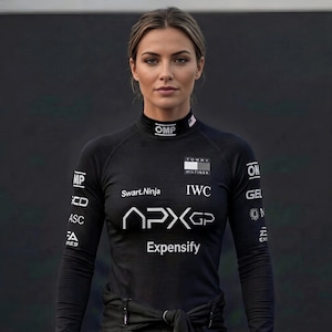 May include: A black long-sleeve racing suit featuring a high mock neck collar with the OMP logo. The chest displays the APXGP logo, Tommy Hilfiger branding, IWC, and Expensify text. Additional logos include Swart Ninja and various sponsor emblems.