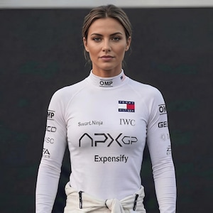 May include: A white long-sleeved racing suit featuring a high collar with the OMP logo and a small American flag. The chest displays the Tommy Hilfiger logo, IWC, Swart Ninja, APX GP, and Expensify branding, with additional sponsor logos on the sleeves.