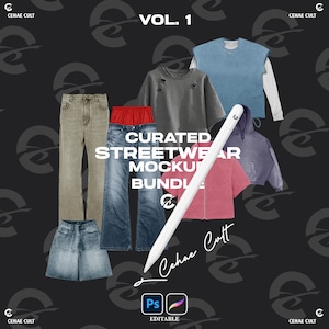 Op de afbeelding: Een mockup-bundel met samengestelde streetwear-kleding, waaronder jeans, shorts, een grijze distressed sweatshirt, een blauw mouwloos shirt, een roze rits-shirt en een paarse hoodie. De tekst luidt "CURATED STREETWEAR MOCKUP BUNDLE".