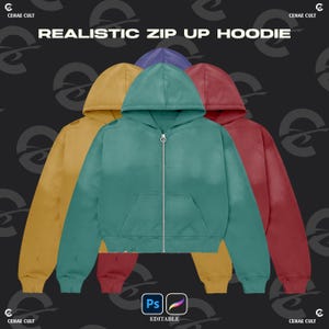 May include: A collection of three zip-up hoodies in teal, mustard yellow, and red, each featuring a hood, a front zipper with a circular pull, and a kangaroo pocket. The text REALISTIC ZIP UP HOODIE is displayed at the top, with CEHAE CULT branding.